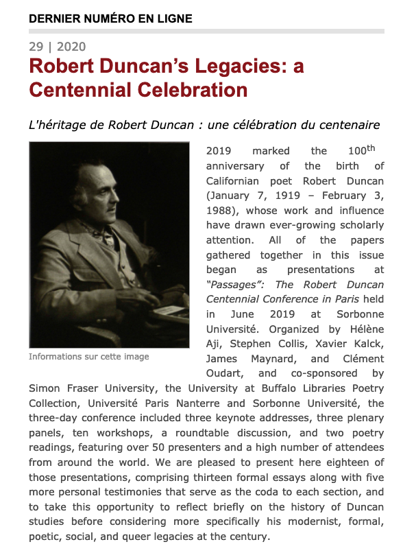 Lire la suite à propos de l’article PAR: Sillages Critiques, 29, « Robert Duncan’s Legacies: A Centennial Celebration »