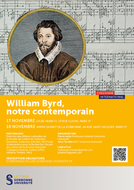You are currently viewing COLL: 17-18 nov. 2023, Colloque « William Byrd, our Contemporary », Sorbonne / Lycée Henri IV